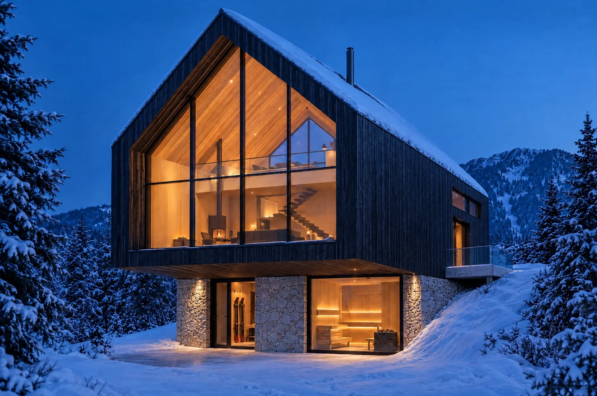 Ilustrácia: chalet za zimného večera, pod presklenou obývačkou svieti sauna s oknom